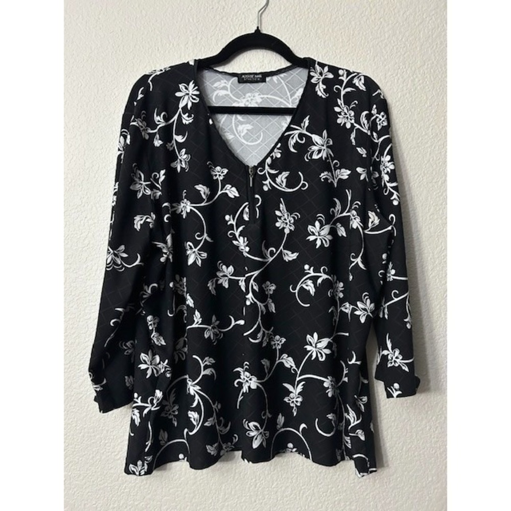 August Max Women's S Black White Floral Zipper Blouse Top Stretch Office Casual